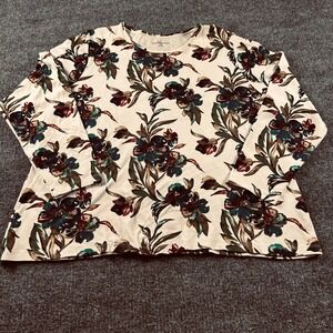 Croft & Barrow Womens 2X Floral Long Sleeve Crew Neck Top Cream Teal Burgundy